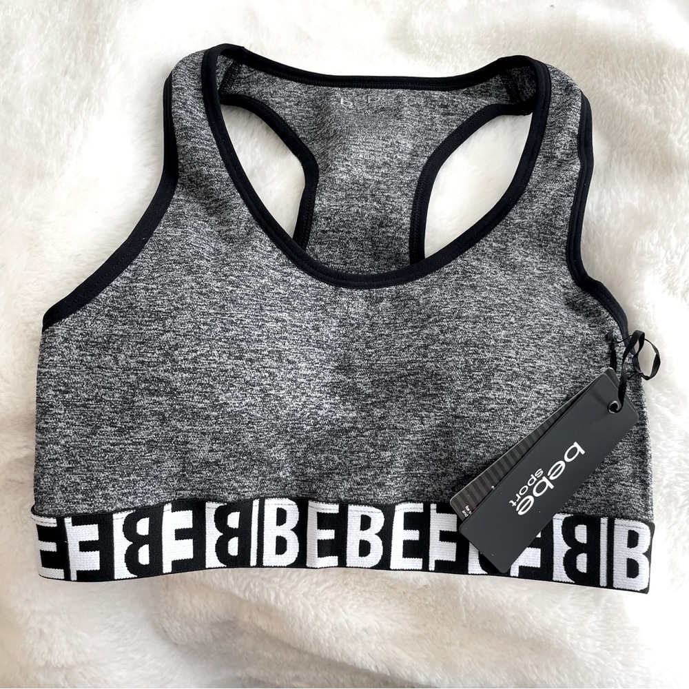Bebe Sport Racerback heather gray wicking quick-dry sports bra, NWT